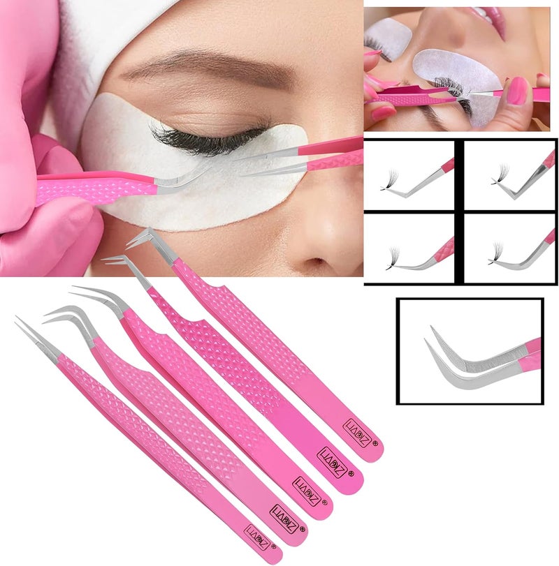 HADIZ Fiber Tip Eyelash Extension tweezers Lash Tweezer Japanese Steel set of five (Raspberry) - Image 3